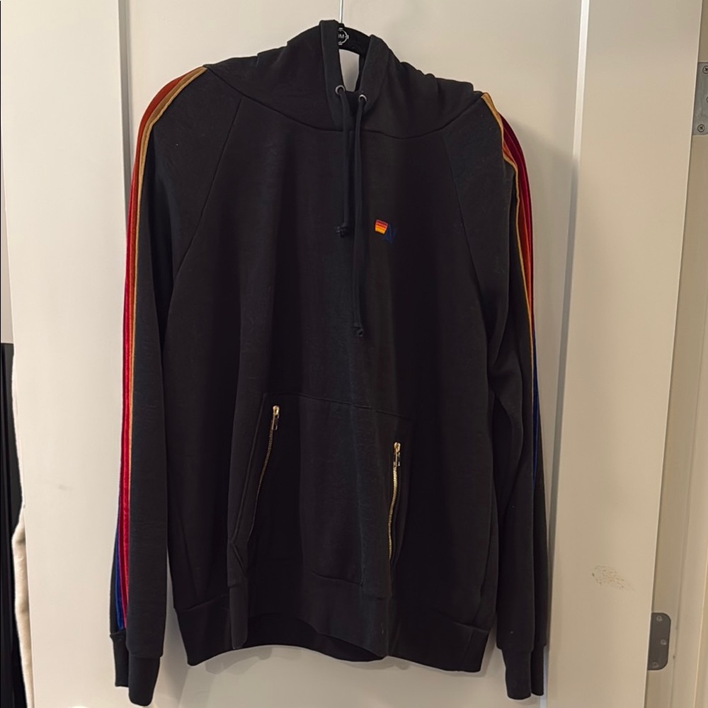 Aviator Nation Black Hoodie with Rainbow Stripes